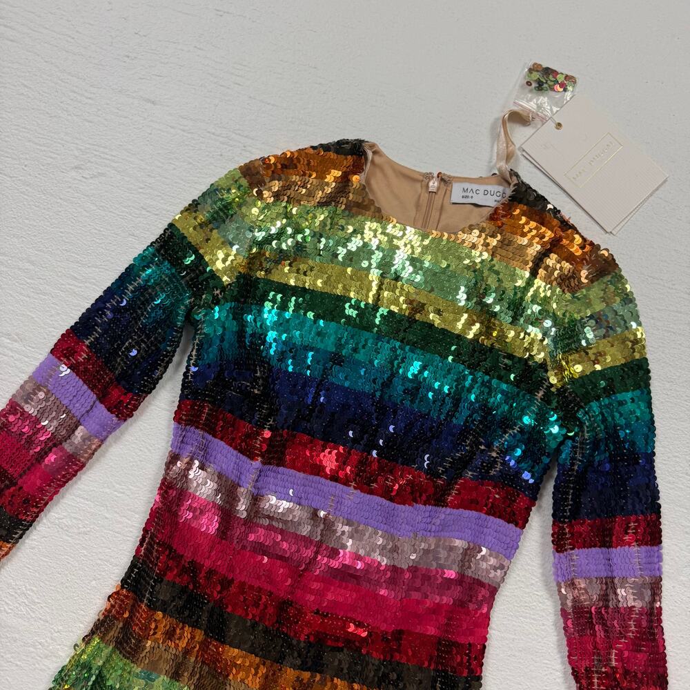 Mac Duggal Rainbow Sequin Long Sleeve Mini Dress, Size 0 - Picture 2 of 10